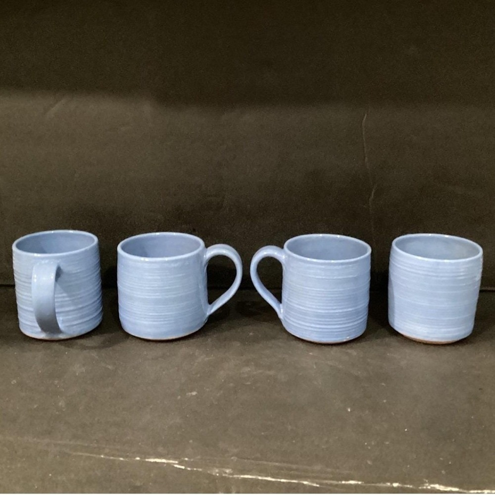 Studio Pottery Art Handcrafted Signed Alahas Blue Ribbed Mugs Set Of 4